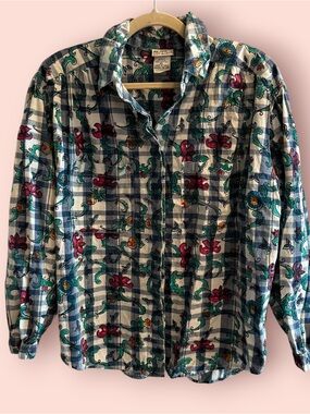 Vintage Koret City Blues Floral Gingham Button Up Shirt